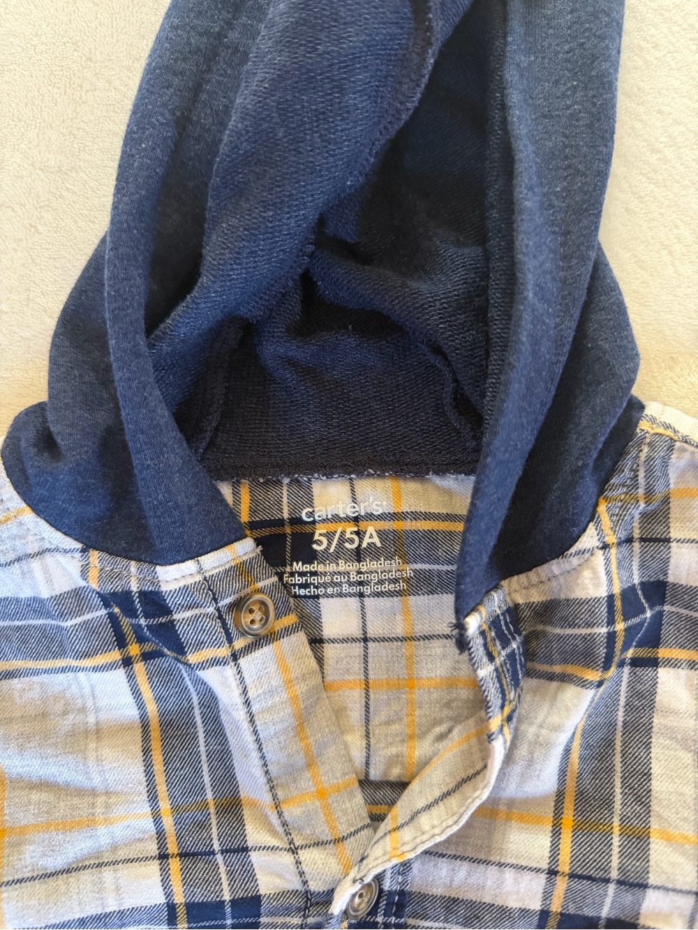 Carter's Plaid Button-Front Hooded Shirt in Navy, Yellow, Cream